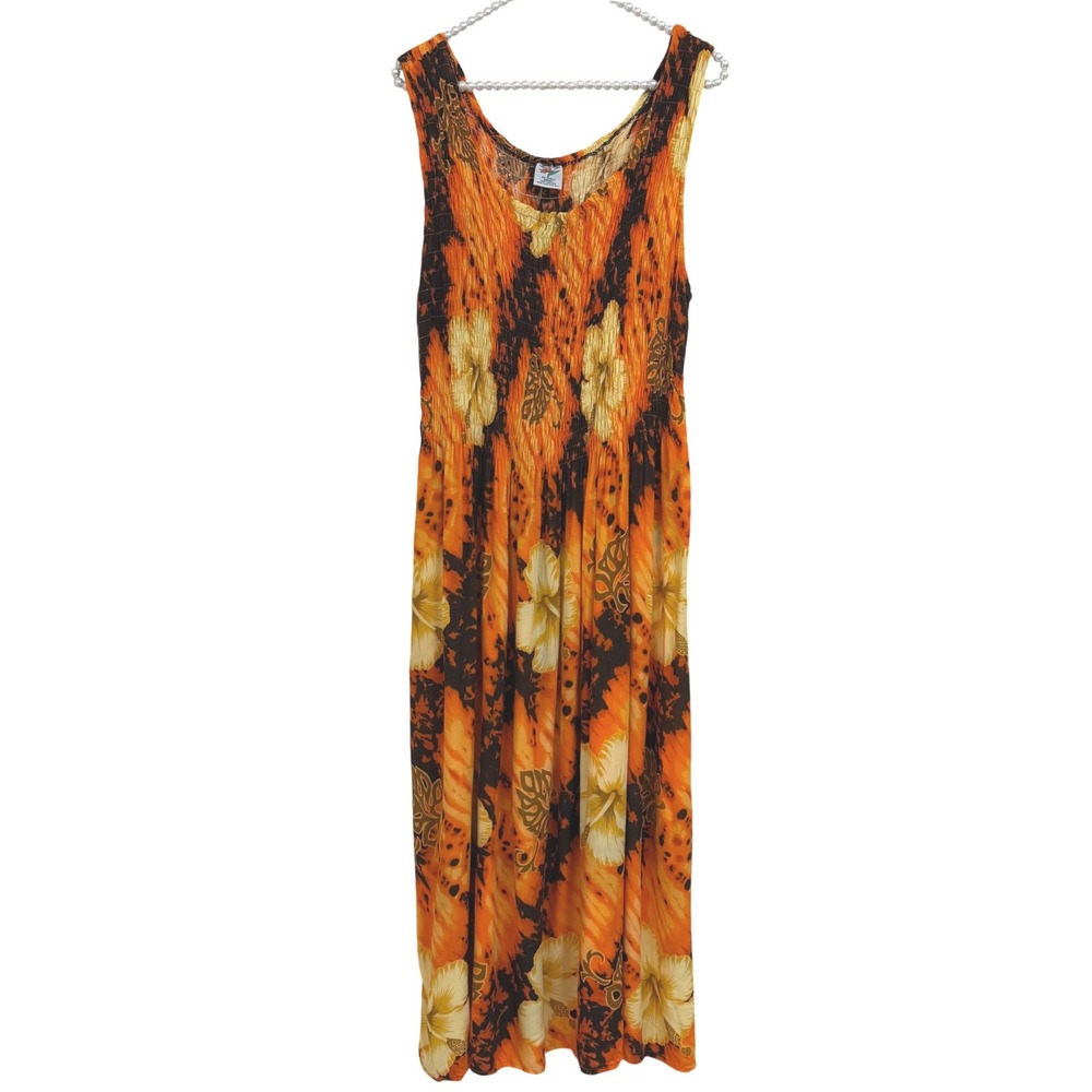 Unity Trading Hawaii Vtg Orange Tropical Hibiscus Smocked Rayon Maxi Dress OSFA